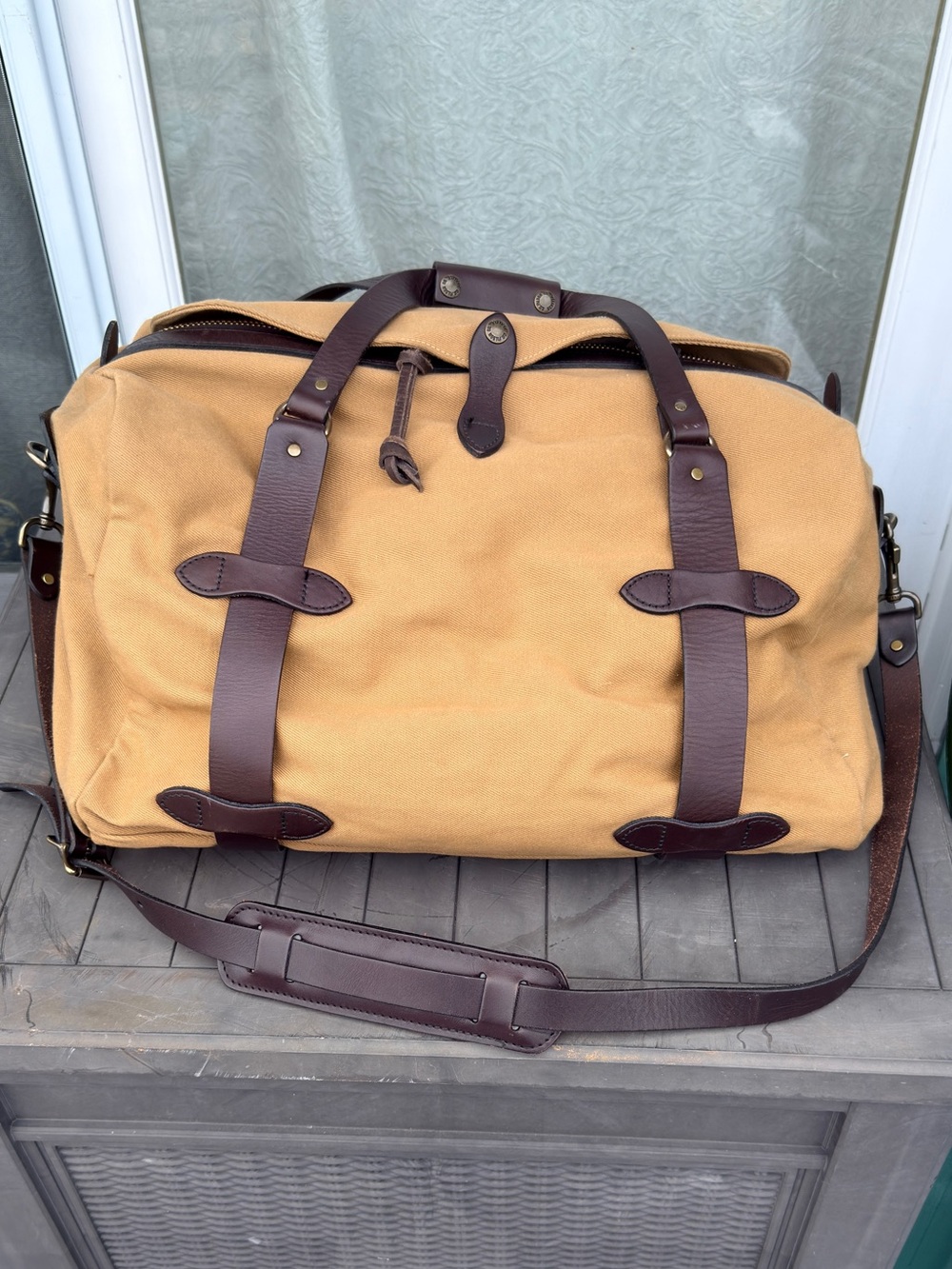 Filson Tan Canvas Medium Duffel with Dark Brown Leather Trim